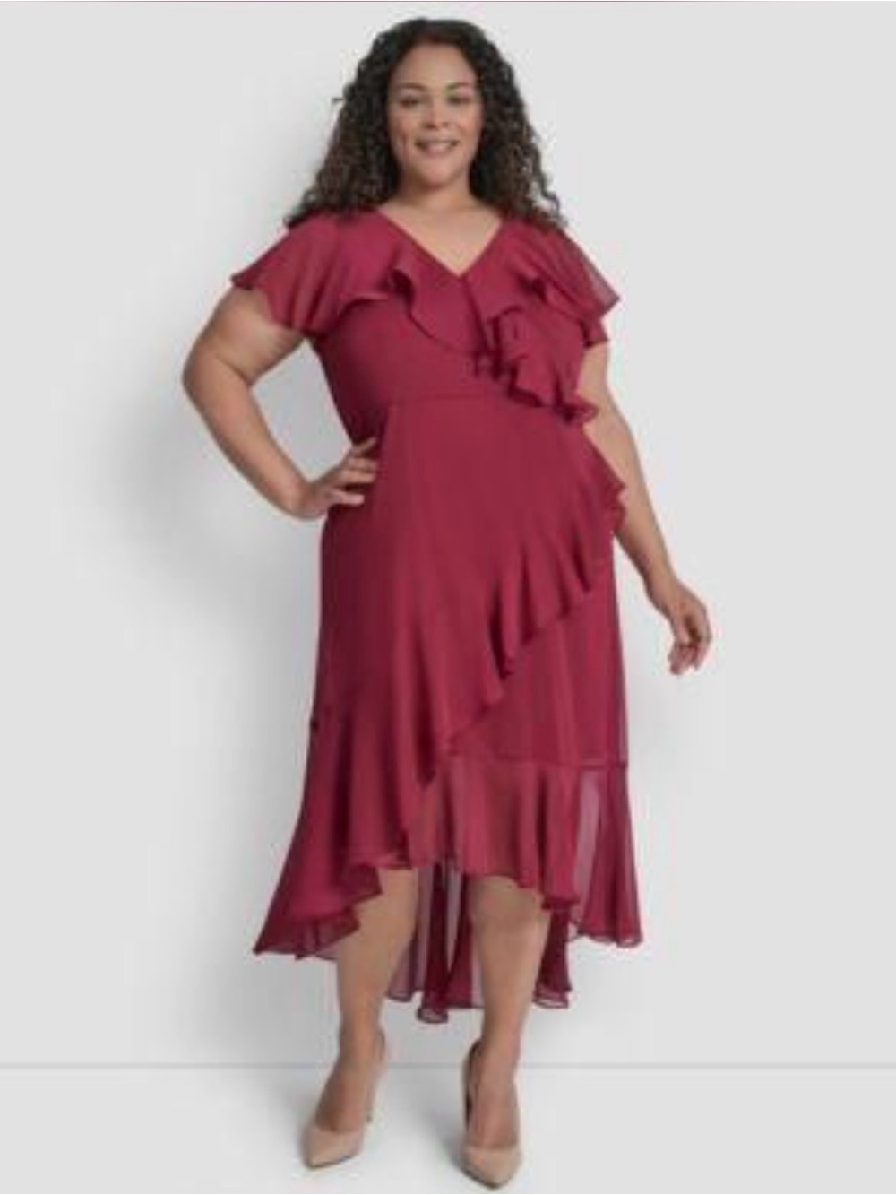 DKNY Ruffle High-Low Midi Dress
